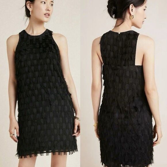 Anthropologie Roxie Fringe Polka Dot Mini Dress Sz‎ 4 Black Dance Cocktail Chic - Picture 3 of 8